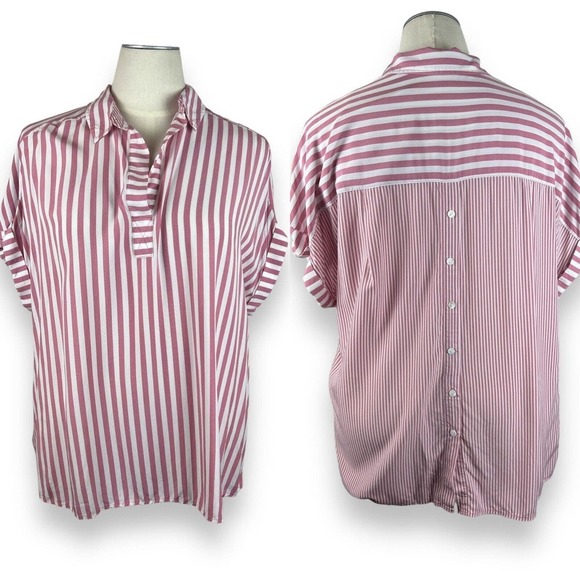 Jane and Delancey Tops - Jane and Delancey 1x Stripe Pink & White Short Sleeve Blouse Button Back Soft